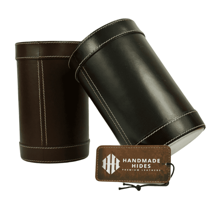 Handcrafted black leather ice box with a sleek finish, spacious interior, and elegant design, perfect for stylish home bars and entertaining.