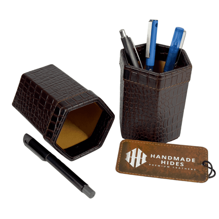 Elegant Brown Hexagon Leather Pen Holder