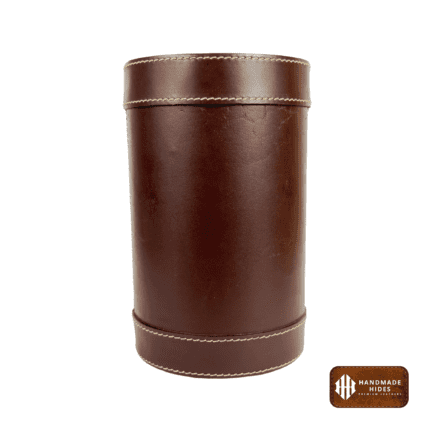 Handcrafted black leather ice bucket with a sleek finish, spacious interior, and elegant design, perfect for stylish home bars and entertaining.
