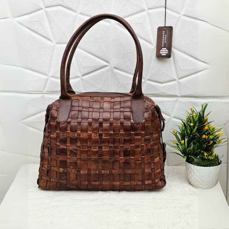 Handmade brown woven leather handbag, genuine leather tote bag for women, stylish leather purse with intricate design, spacious leather tote for travel and everyday use