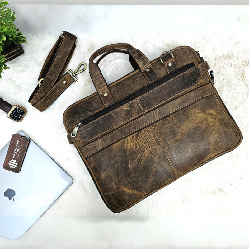 Brown Marbled Leather Laptop Bag, Handmade Vintage Messenger Briefcase for Men & Women, with Adjustable Strap and Multiple Compartments