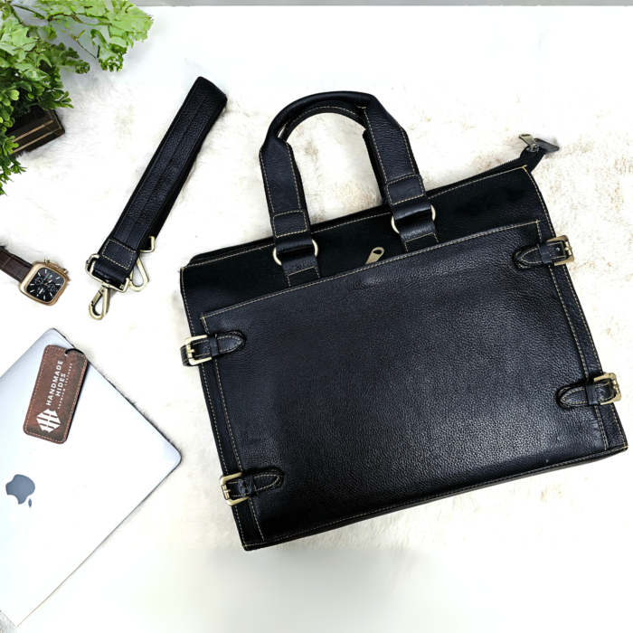 Spacious black leather office bag for men and women