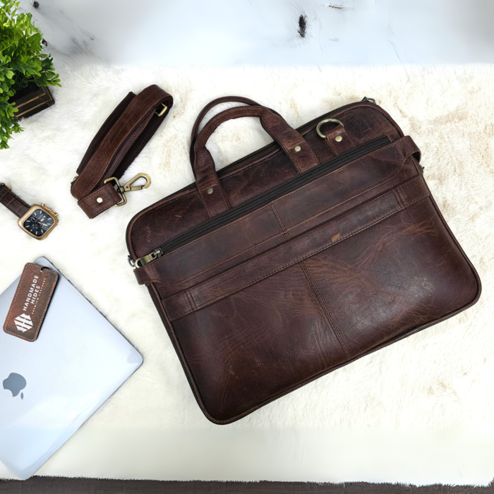 Handmade dark brown leather laptop bag