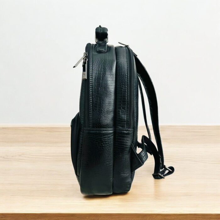 Black Leather Laptop Bag With Multiple Compartments crocodile Texture
