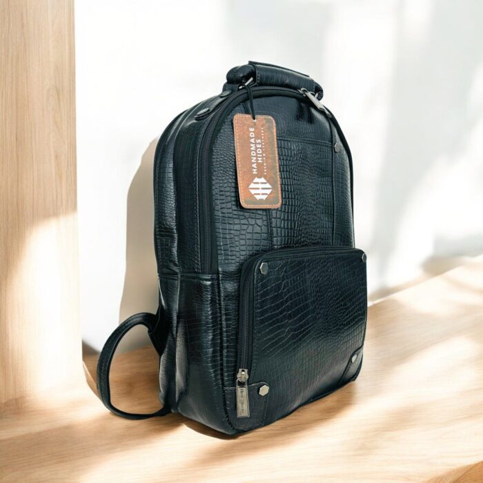 Black Leather Laptop Bag With Multiple Compartments crocodile Texture