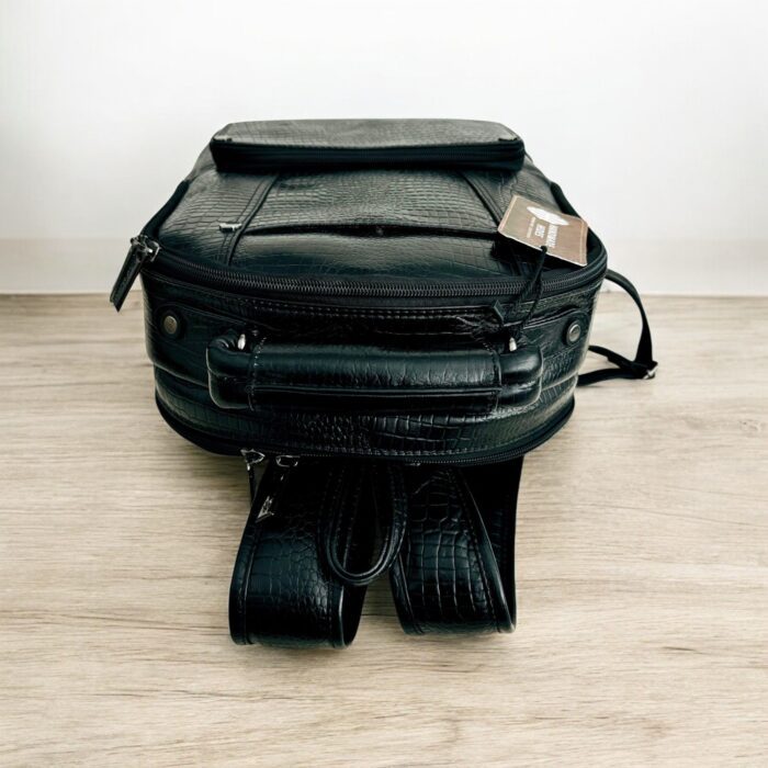 Black Leather Laptop Bag With Multiple Compartments crocodile Texture