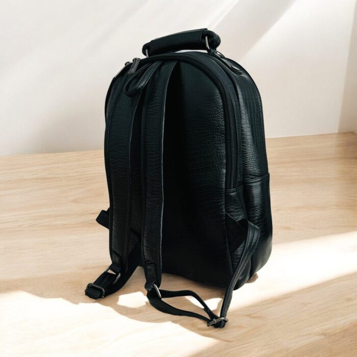Black Leather Laptop Bag With Multiple Compartments crocodile Texture