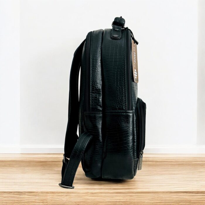 Black Leather Laptop Bag With Multiple Compartments crocodile Texture