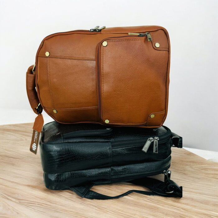 Brown Leather Laptop Bag With Multiple Compartments crocodile Texture