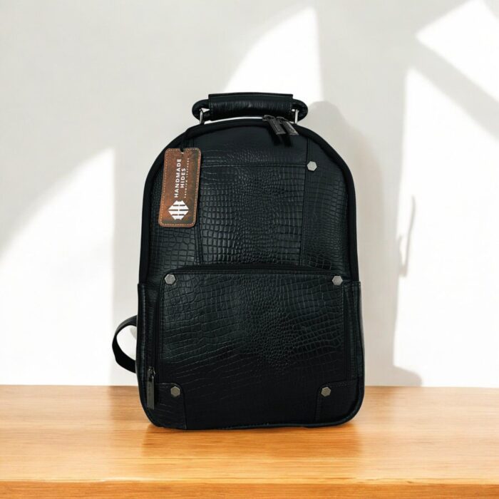 Black Leather Laptop Bag With Multiple Compartments crocodile Texture