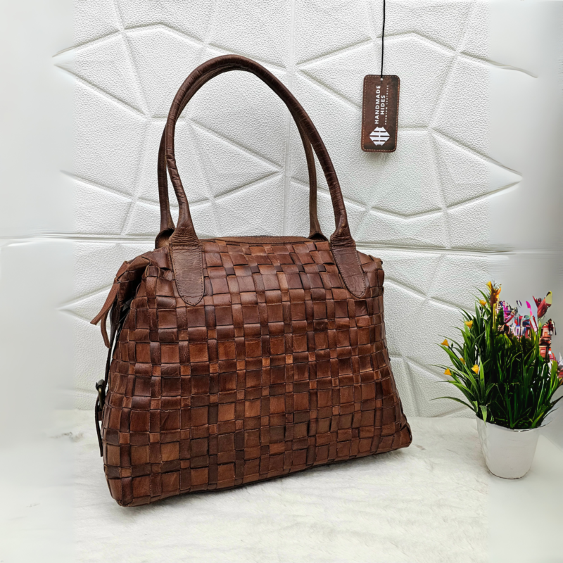 Handmade brown woven leather handbag, genuine leather tote bag for women, stylish leather purse with intricate design, spacious leather tote for travel and everyday use