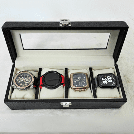 Luxury 4-Slot Leather Watch Box - Crocodile-Embossed Glass Display Case, Velvet-Lined Organizer for Men & Women, Premium Gift Idea