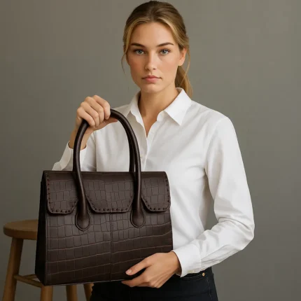 dark brown crocodile-embossed leather handbag with a structured silhouette.