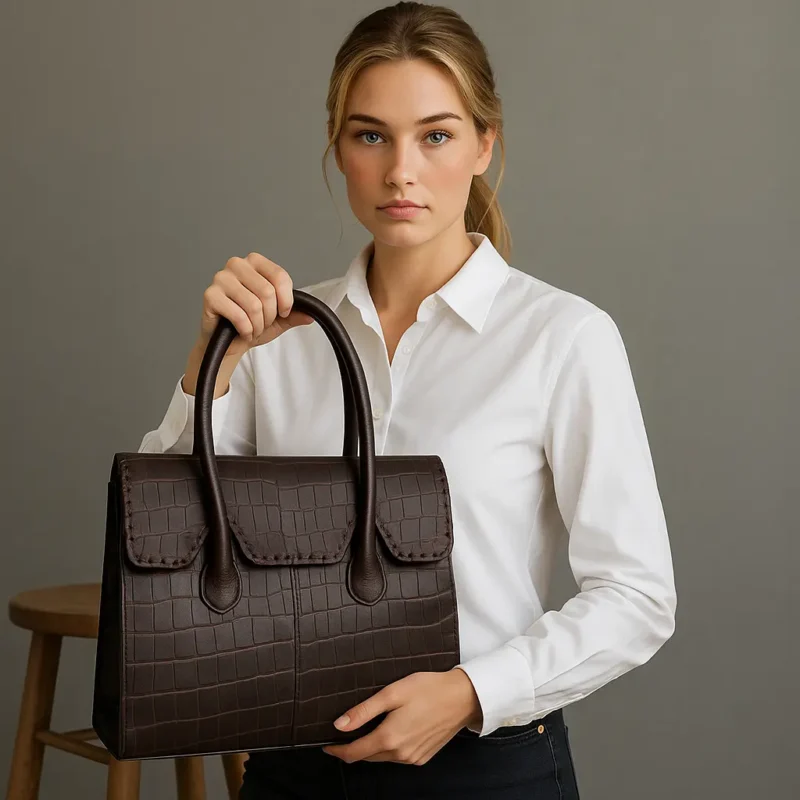 dark brown crocodile-embossed leather handbag with a structured silhouette.