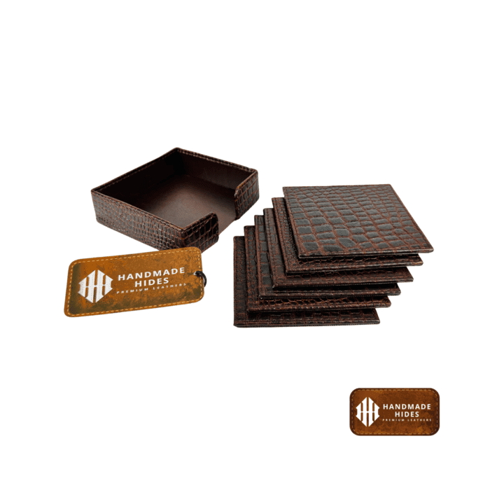 Luxury rectangle leather coaster set in premium brown leather with a matching holder, ideal for protecting furniture in home or office settings.