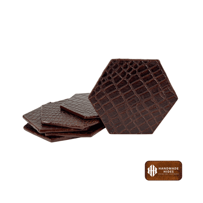 Luxury hexagon leather coaster set in premium brown leather with a matching holder, perfect for home or office use.
