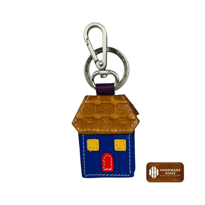 House-shaped blue leather keyring and key holder by Handmade Hides, crafted from premium leather for a stylish and durable design, perfect for men and women.