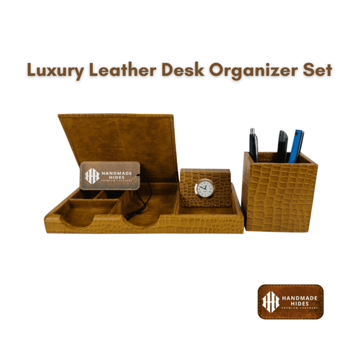 Brown crocodile-textured leather desk organizer set