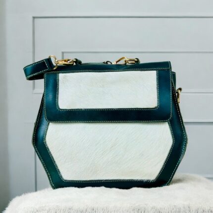 Green Leather Handbag with Hair-On Goat Hide Panel | Adjustable Strap, Top Handle, Spacious Design | Handmade Luxury Accessory, Gift For Her