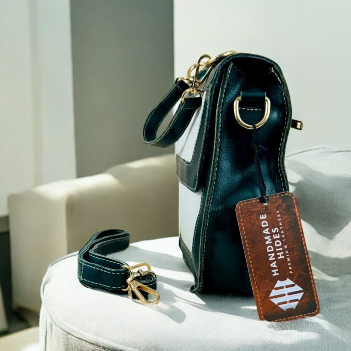 Green Leather Handbag with Hair-On Goat Hide Panel | Adjustable Strap, Top Handle, Spacious Design | Handmade Luxury Accessory, Gift For Her