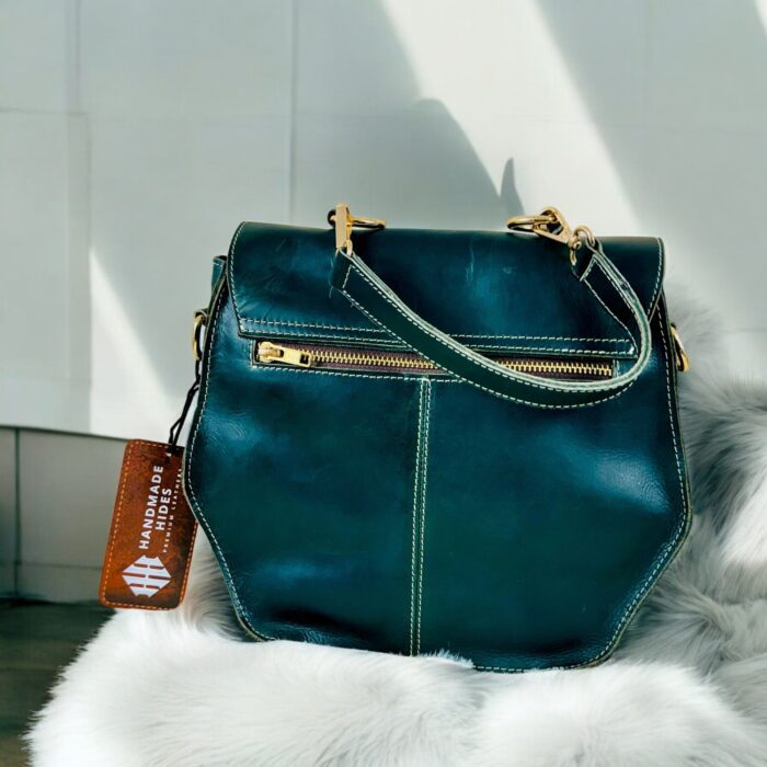 Green Leather Handbag with Hair-On Goat Hide Panel | Adjustable Strap, Top Handle, Spacious Design | Handmade Luxury Accessory, Gift For Her