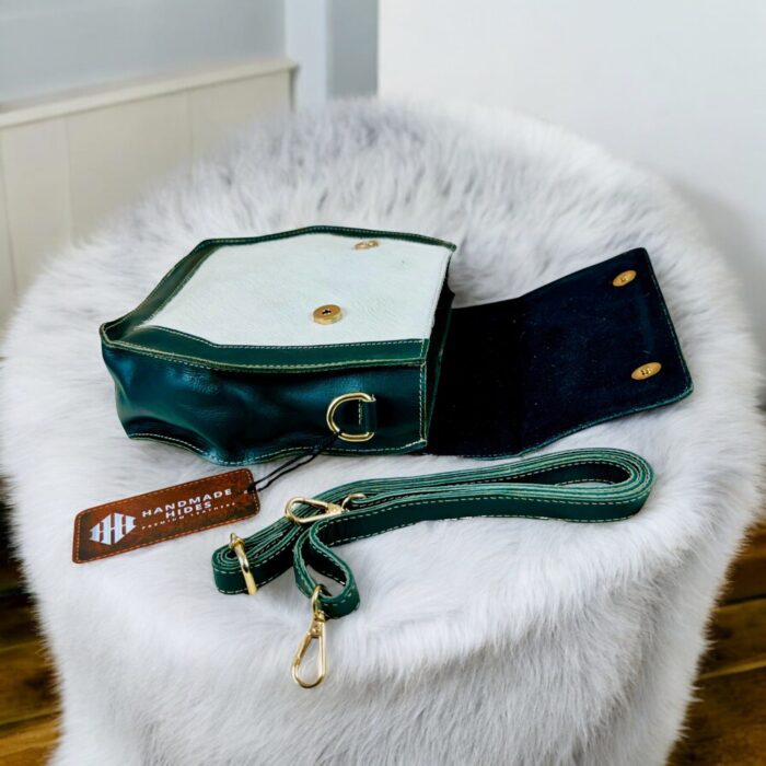 Green Leather Handbag with Hair-On Goat Hide Panel | Adjustable Strap, Top Handle, Spacious Design | Handmade Luxury Accessory, Gift For Her