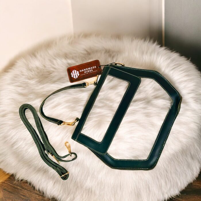 Green Leather Handbag with Hair-On Goat Hide Panel | Adjustable Strap, Top Handle, Spacious Design | Handmade Luxury Accessory, Gift For Her