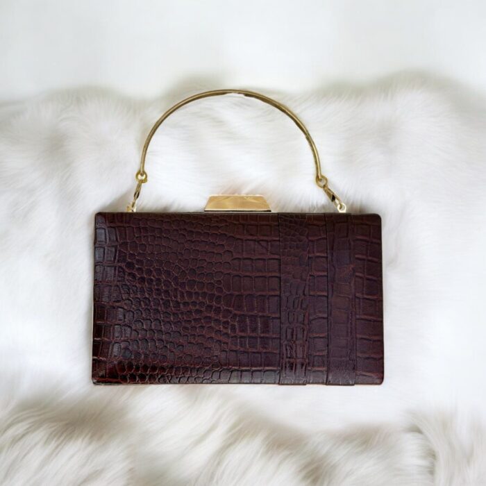 Luxurious brown croc-embossed leather clutch with gold chain strap