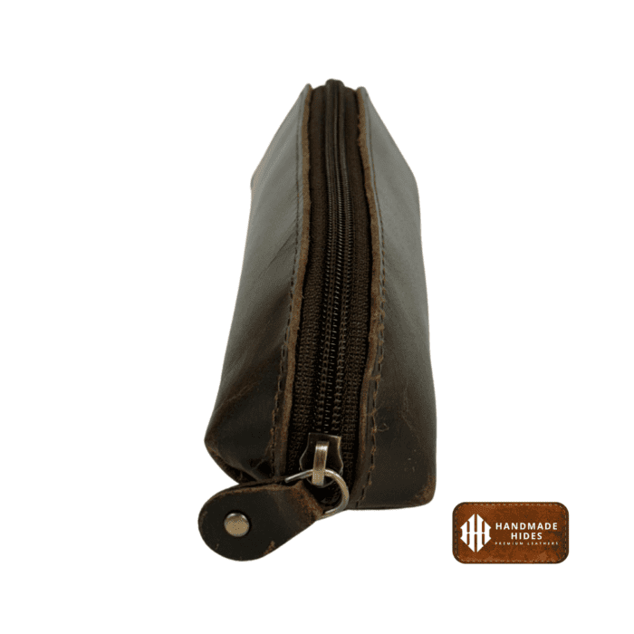 Dark brown genuine leather sunglass pouch with a sleek design and secure closure, ideal for men and women.