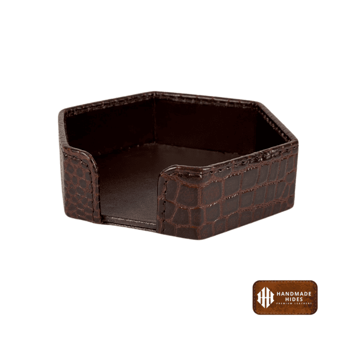 Luxury hexagon leather coaster set in premium brown leather with a matching holder, perfect for home or office use.