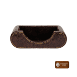 Handmade leather desktop organizer in rich brown with contrast stitching, perfect for storing business cards and notes, suitable for office or home use.