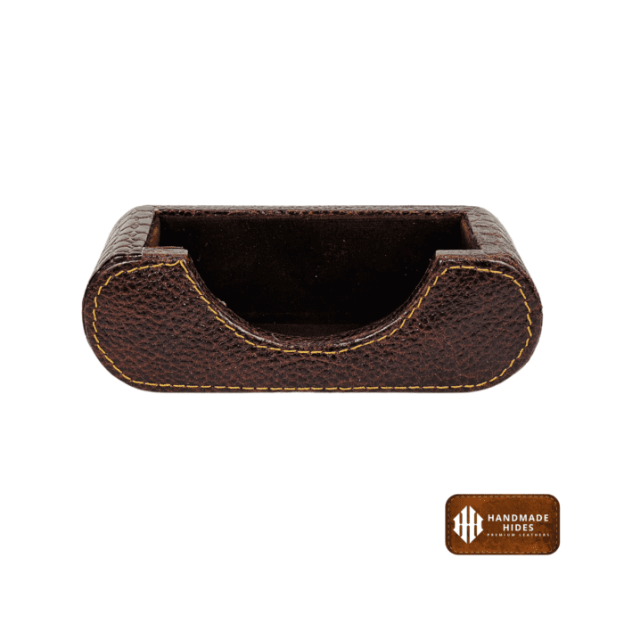 Handmade leather desktop organizer in rich brown with contrast stitching, perfect for storing business cards and notes, suitable for office or home use.