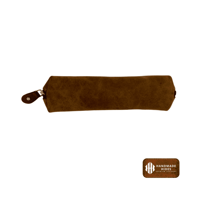 Tan genuine leather sunglass pouch with a sleek design and secure closure, perfect for men and women.