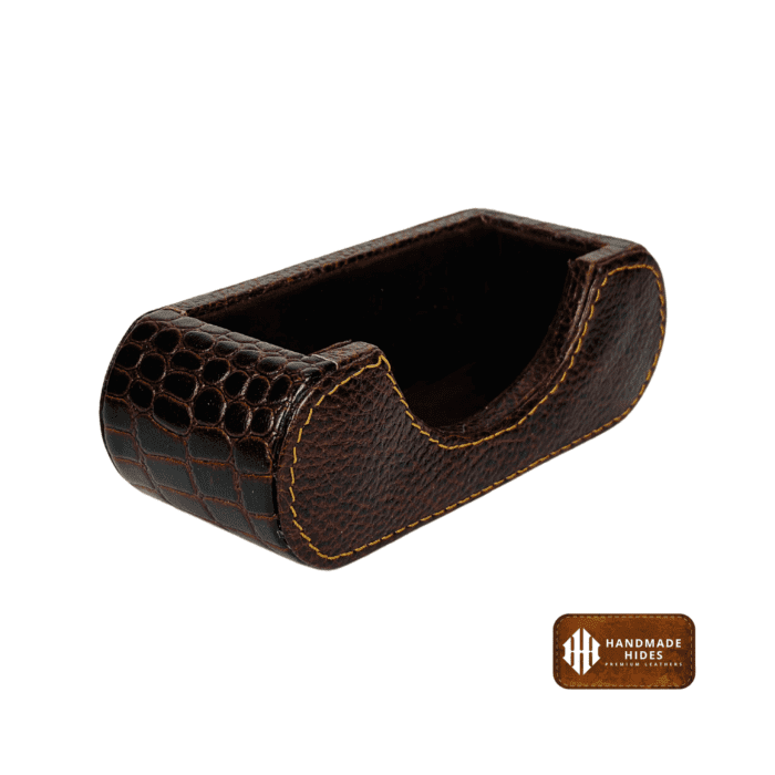Handmade leather desktop organizer in rich brown with contrast stitching, perfect for storing business cards and notes, suitable for office or home use.