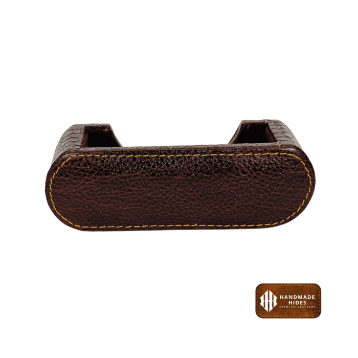 Handmade leather desktop organizer in rich brown with contrast stitching, perfect for storing business cards and notes, suitable for office or home use.