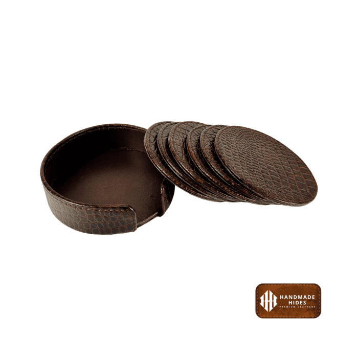 Luxury round leather coasters in premium brown leather with a matching holder, perfect for protecting furniture and enhancing decor in home or office settings.