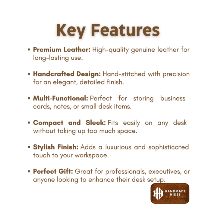 Handmade leather desktop organizer in rich brown with contrast stitching, perfect for storing business cards and notes, suitable for office or home use.