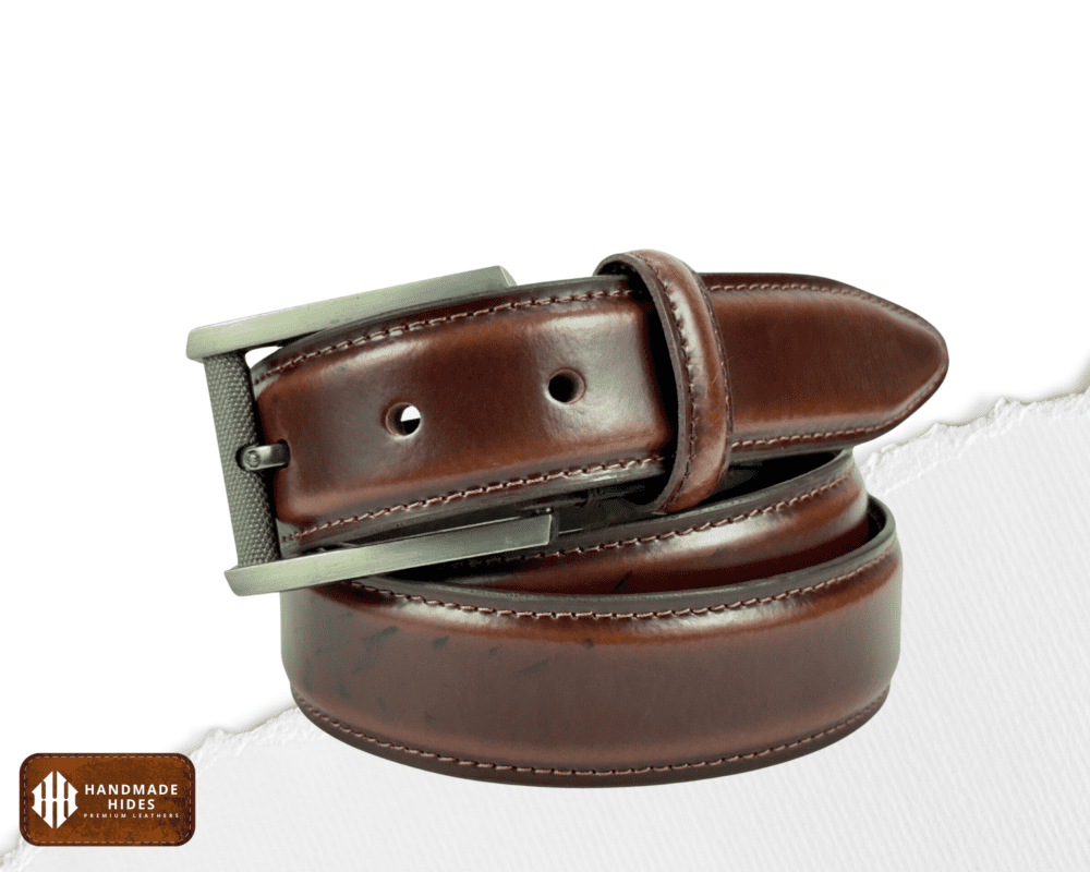 Elegant brown leather formal belt for men with a metal pin buckle, single stitch detailing, and premium craftsmanship by Handmade Hides.