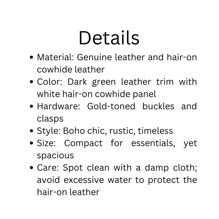 Green Leather Handbag with hair-on cowhide panel and adjustable strap displayed elegantly on a neutral background