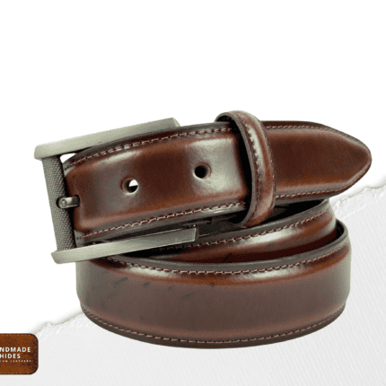 Elegant brown leather formal belt for men with a metal pin buckle, single stitch detailing, and premium craftsmanship by Handmade Hides.
