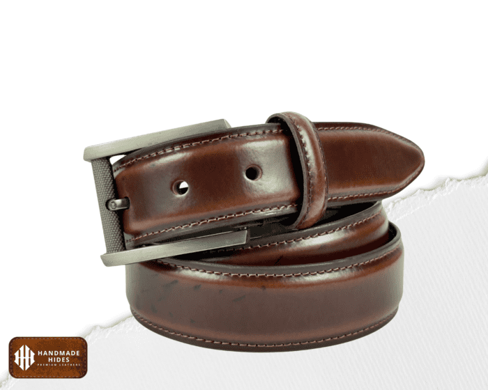 Elegant brown leather formal belt for men with a metal pin buckle, single stitch detailing, and premium craftsmanship by Handmade Hides.