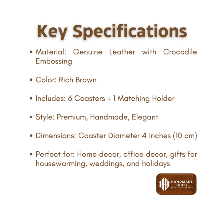 Luxury round leather coasters in premium brown leather with a matching holder, perfect for protecting furniture and enhancing decor in home or office settings.