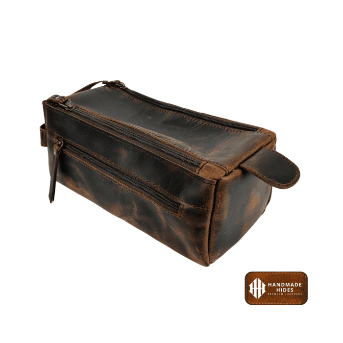 Premium Brown Leather Toiletry Bag with spacious interior and durable zippers, perfect for travel or home