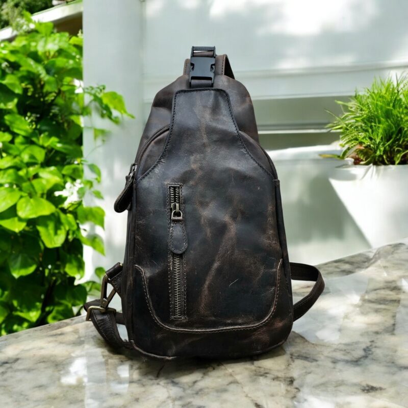 Handmade dark brown leather sling bag