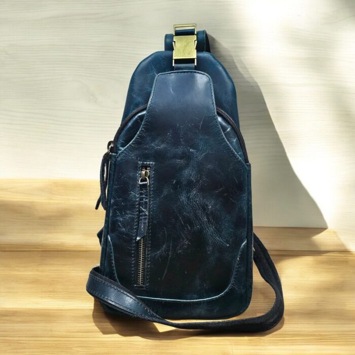 Handmade Blue Leather Sling Bag – Stylish full-grain leather crossbody