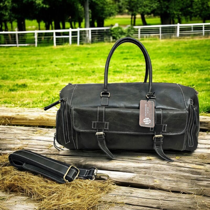 Handmade Dark Green Leather Duffel Bag with adjustable strap
