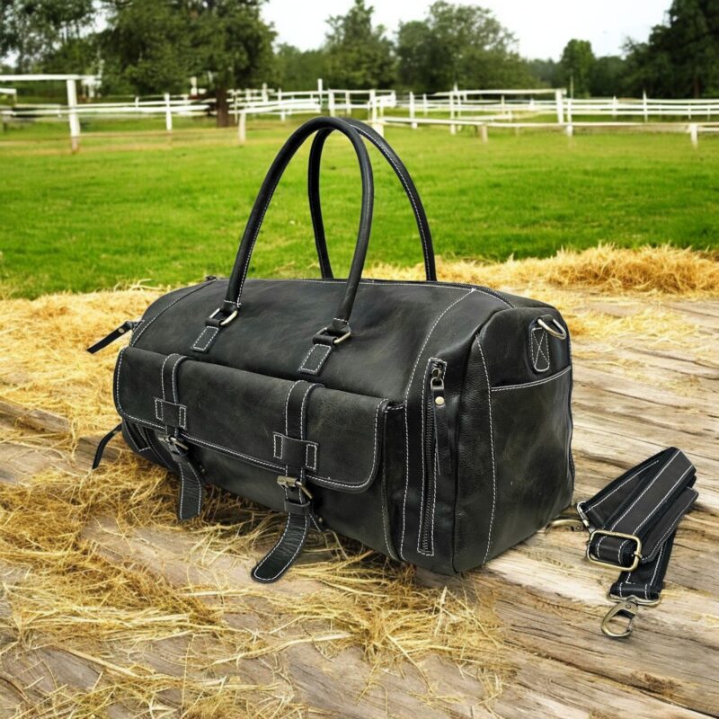 Handmade Dark Green Leather Duffel Bag with adjustable strap