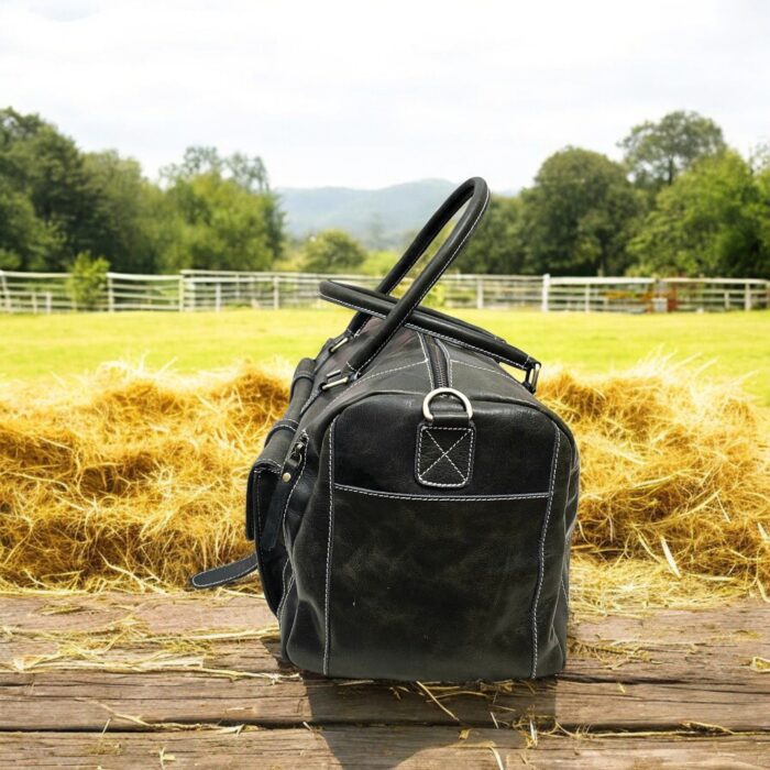 Handmade Dark Green Leather Duffel Bag with adjustable strap