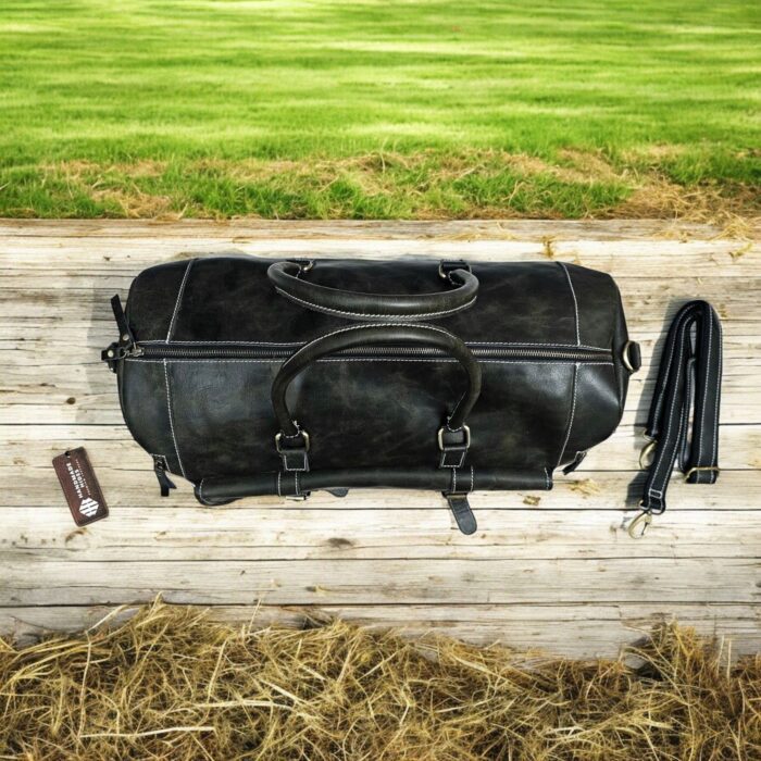 Handmade Dark Green Leather Duffel Bag with adjustable strap