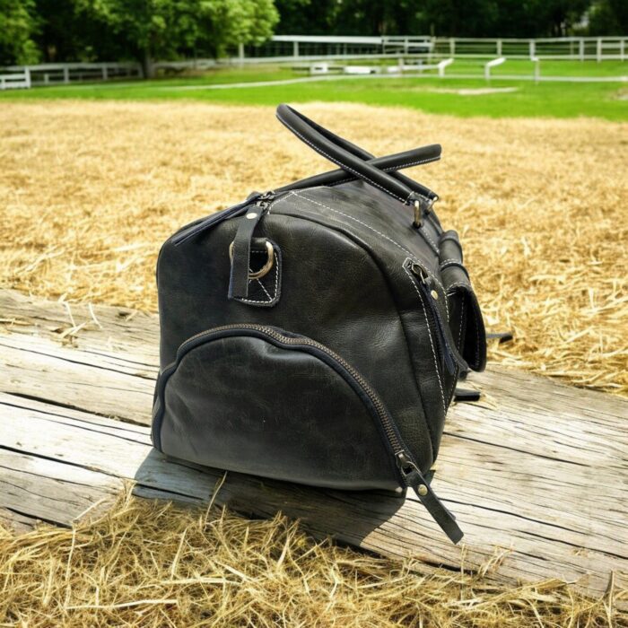Handmade Dark Green Leather Duffel Bag with adjustable strap